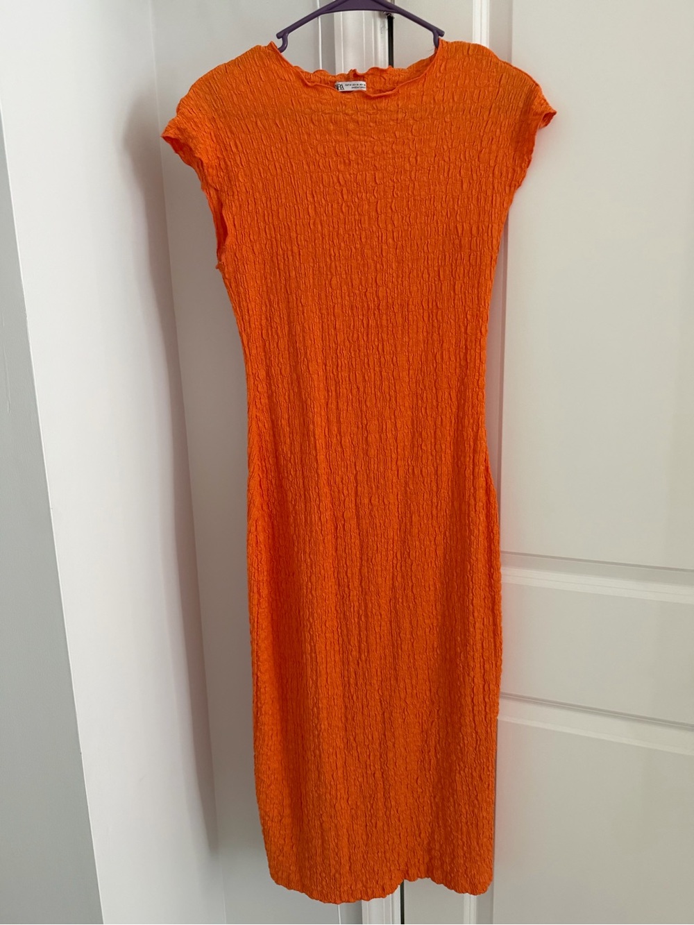 Zara Bright Orange Textured Cap-Sleeve Midi Dress